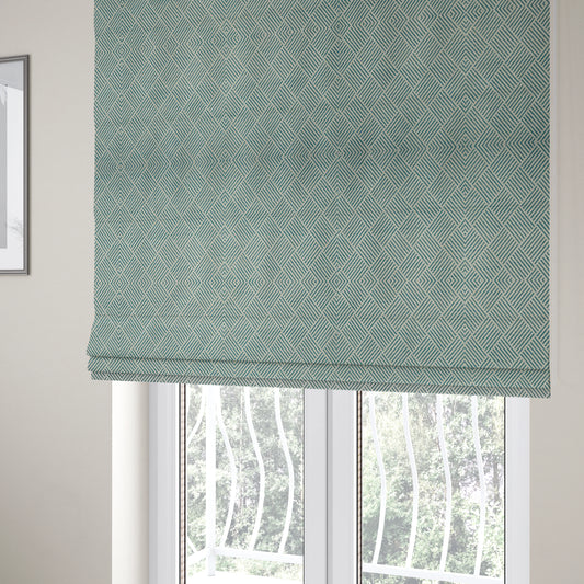 Atlantis Geometric Pattern Teal Blue Chenille Linen Material Upholstery Fabric CTR-2061 - Roman Blinds