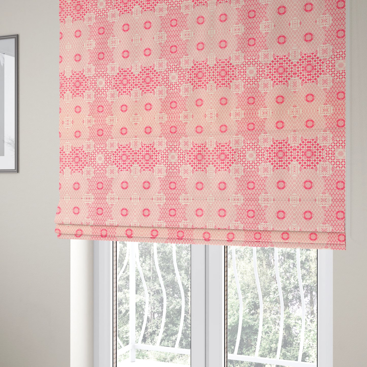 Zenith Collection In Smooth Chenille Finish Raspberry Pink Colour Patchwork Pattern Upholstery Fabric CTR-219 - Roman Blinds