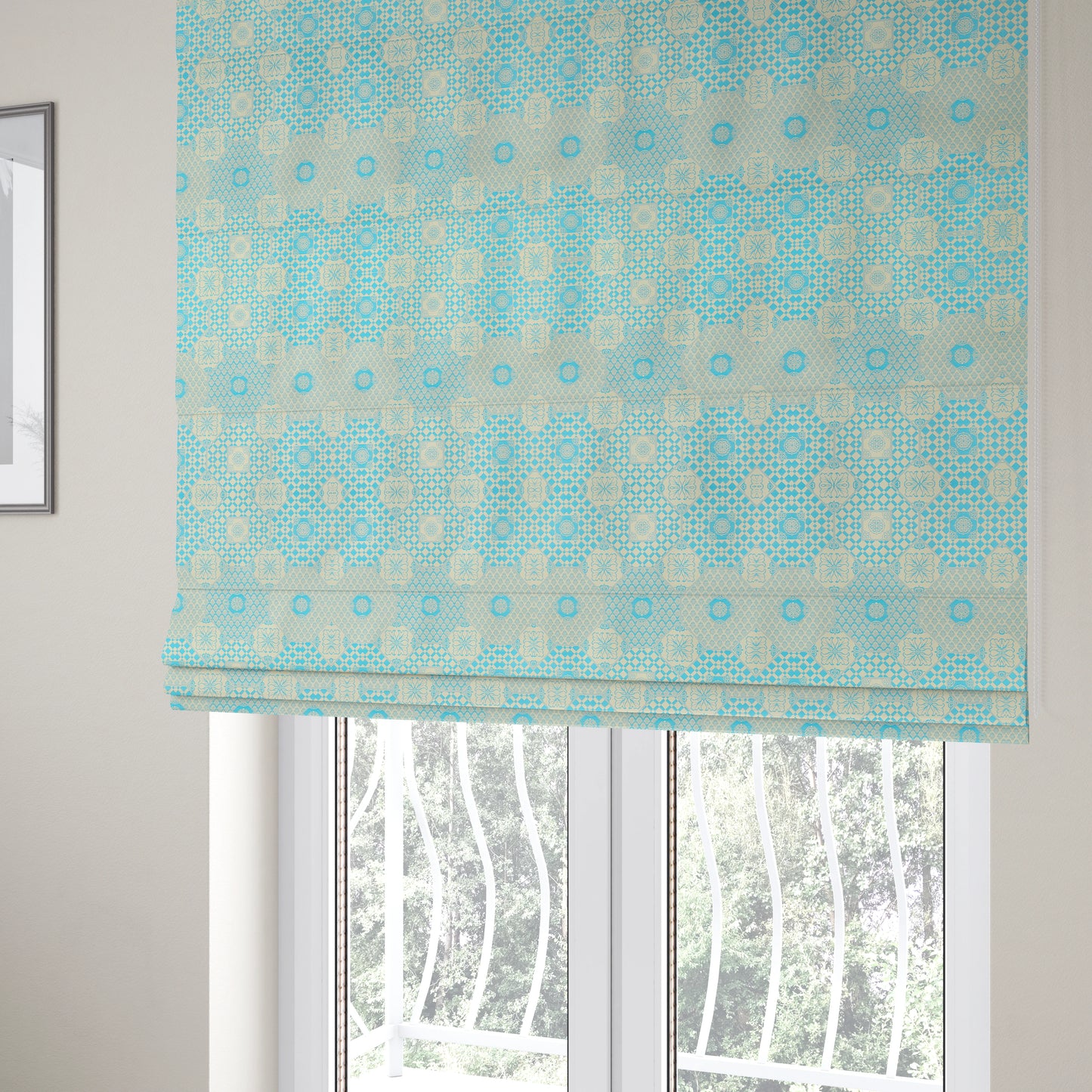 Zenith Collection In Smooth Chenille Finish Blue Colour Patchwork Pattern Upholstery Fabric CTR-220 - Roman Blinds