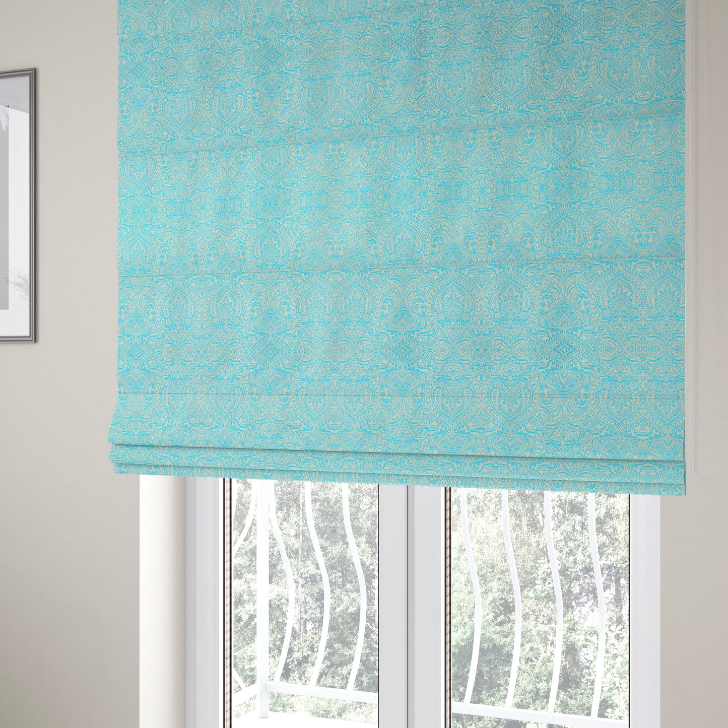 Zenith Collection In Smooth Chenille Finish Blue Colour Damask Pattern Upholstery Fabric CTR-223 - Roman Blinds