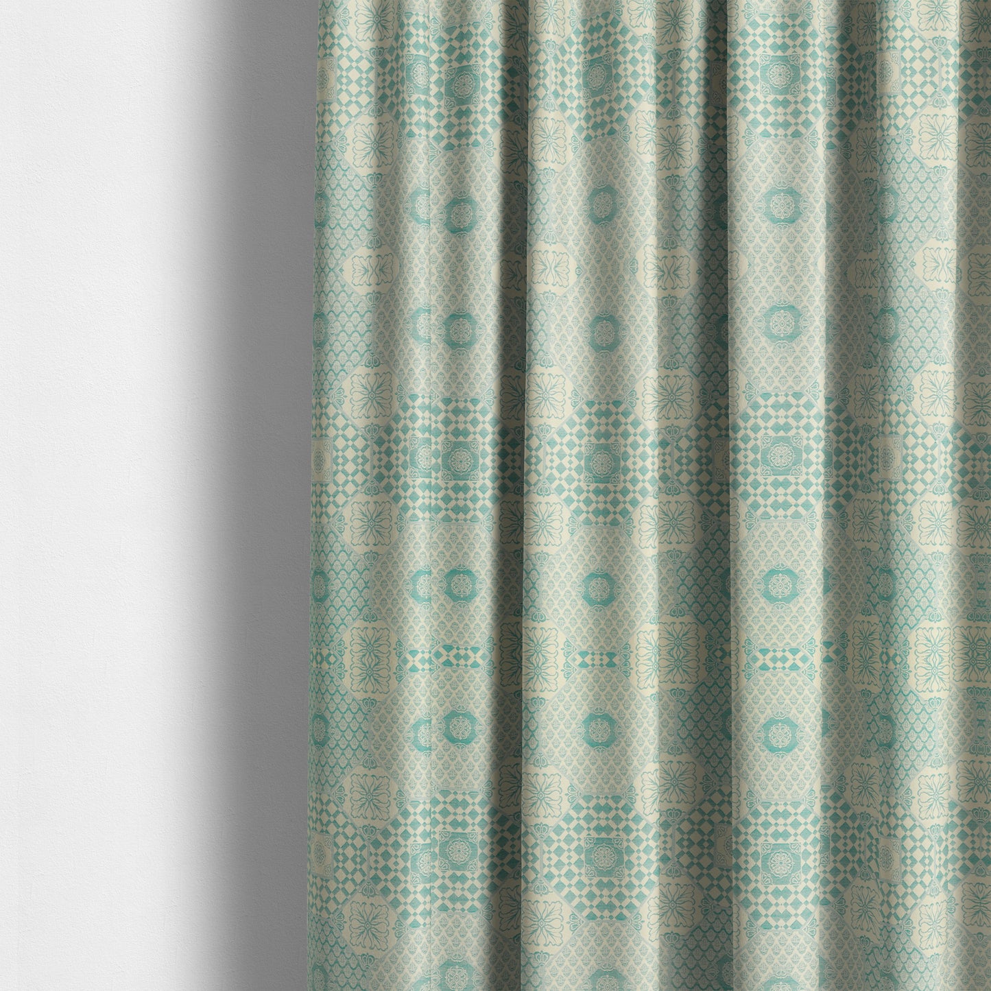 Zenith Collection In Smooth Chenille Finish Teal Green Colour Patchwork Pattern Upholstery Fabric CTR-226 - Made To Measure Curtains