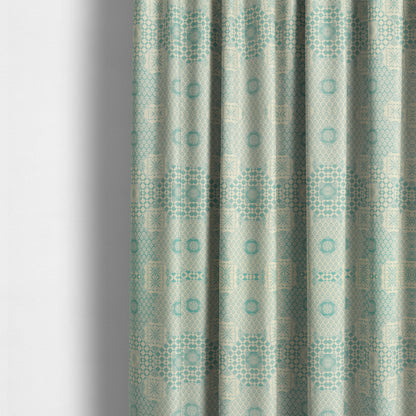 Zenith Collection In Smooth Chenille Finish Teal Green Colour Patchwork Pattern Upholstery Fabric CTR-226 - Made To Measure Curtains