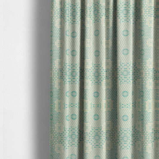 Zenith Collection In Smooth Chenille Finish Teal Green Colour Patchwork Pattern Upholstery Fabric CTR-226 - Made To Measure Curtains