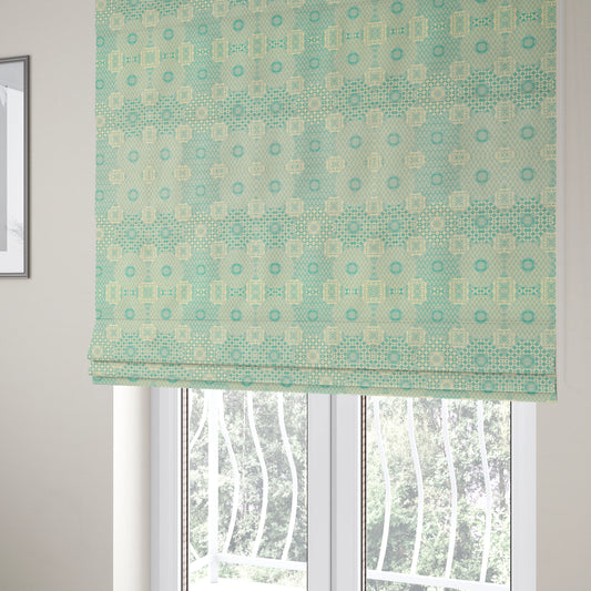 Zenith Collection In Smooth Chenille Finish Teal Green Colour Patchwork Pattern Upholstery Fabric CTR-226 - Roman Blinds