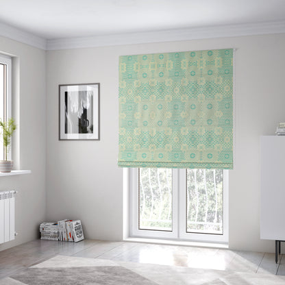 Zenith Collection In Smooth Chenille Finish Teal Green Colour Patchwork Pattern Upholstery Fabric CTR-226 - Roman Blinds