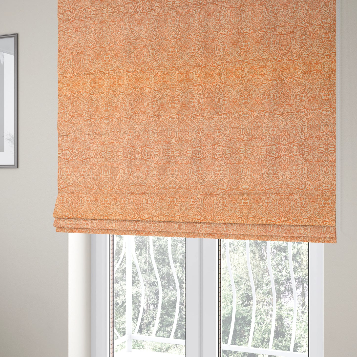 Zenith Collection In Smooth Chenille Finish Orange Colour Damask Pattern Upholstery Fabric CTR-233 - Roman Blinds