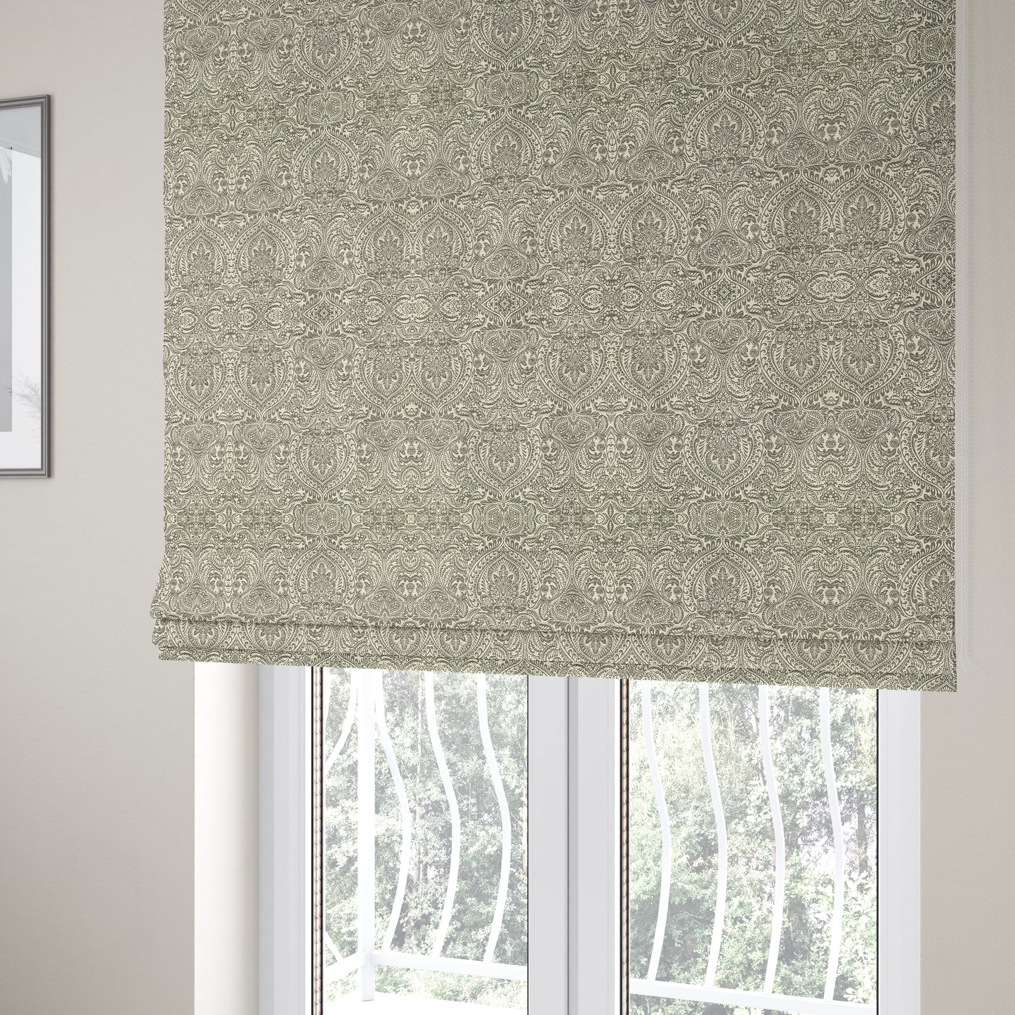 Zenith Collection In Smooth Chenille Finish Grey Black Colour Damask Pattern Upholstery Fabric CTR-237 - Roman Blinds