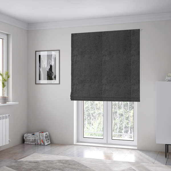 Lima Plain Smooth Textured Chenille In Black Colour Upholstery Fabric CTR-2446 - Roman Blinds