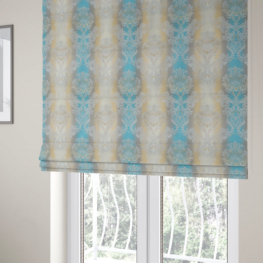 Esma Traditional Damask Pattern Fabric Blue Cream Colour Interior Fabrics CTR-25 - Roman Blinds