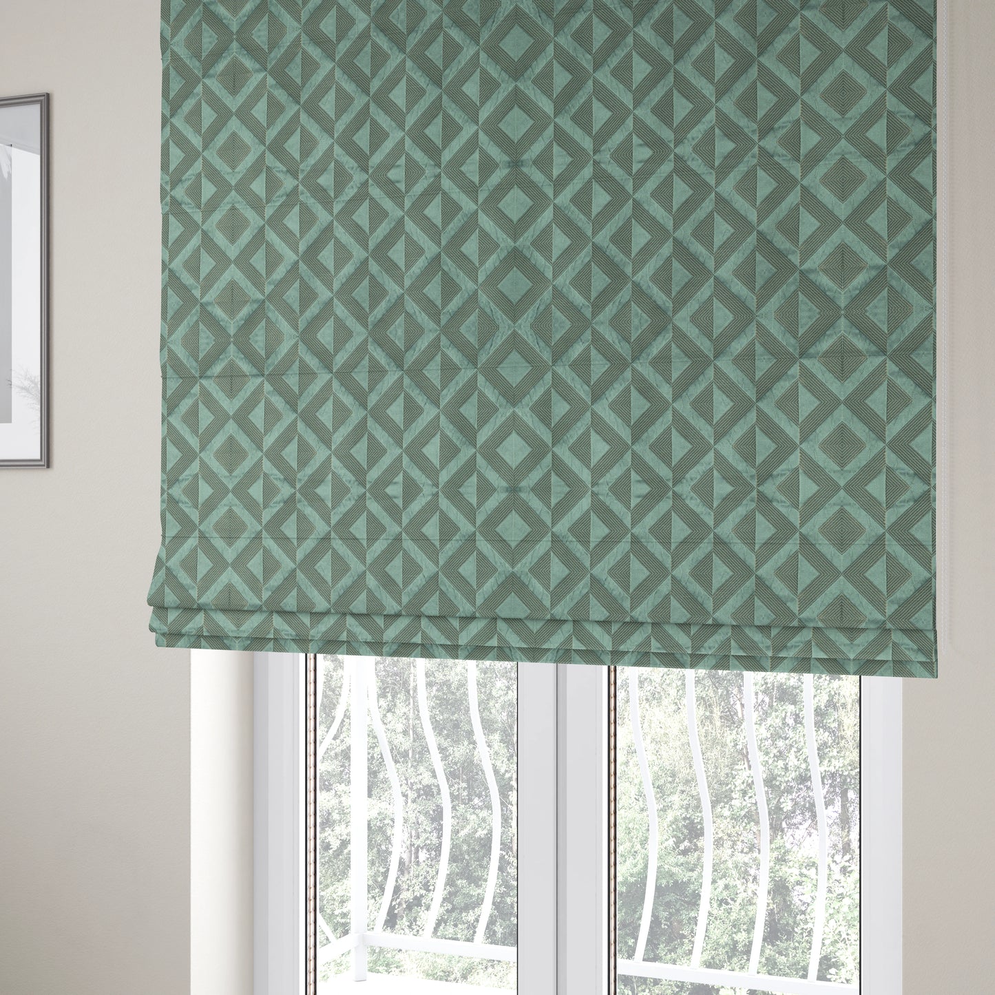 Paradise Geometric Pattern In Green Upholstery Fabric CTR-2519 - Roman Blinds