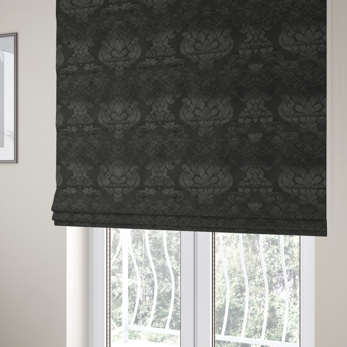 Paradise Damask Pattern In Black Upholstery Fabric CTR-2533 - Roman Blinds