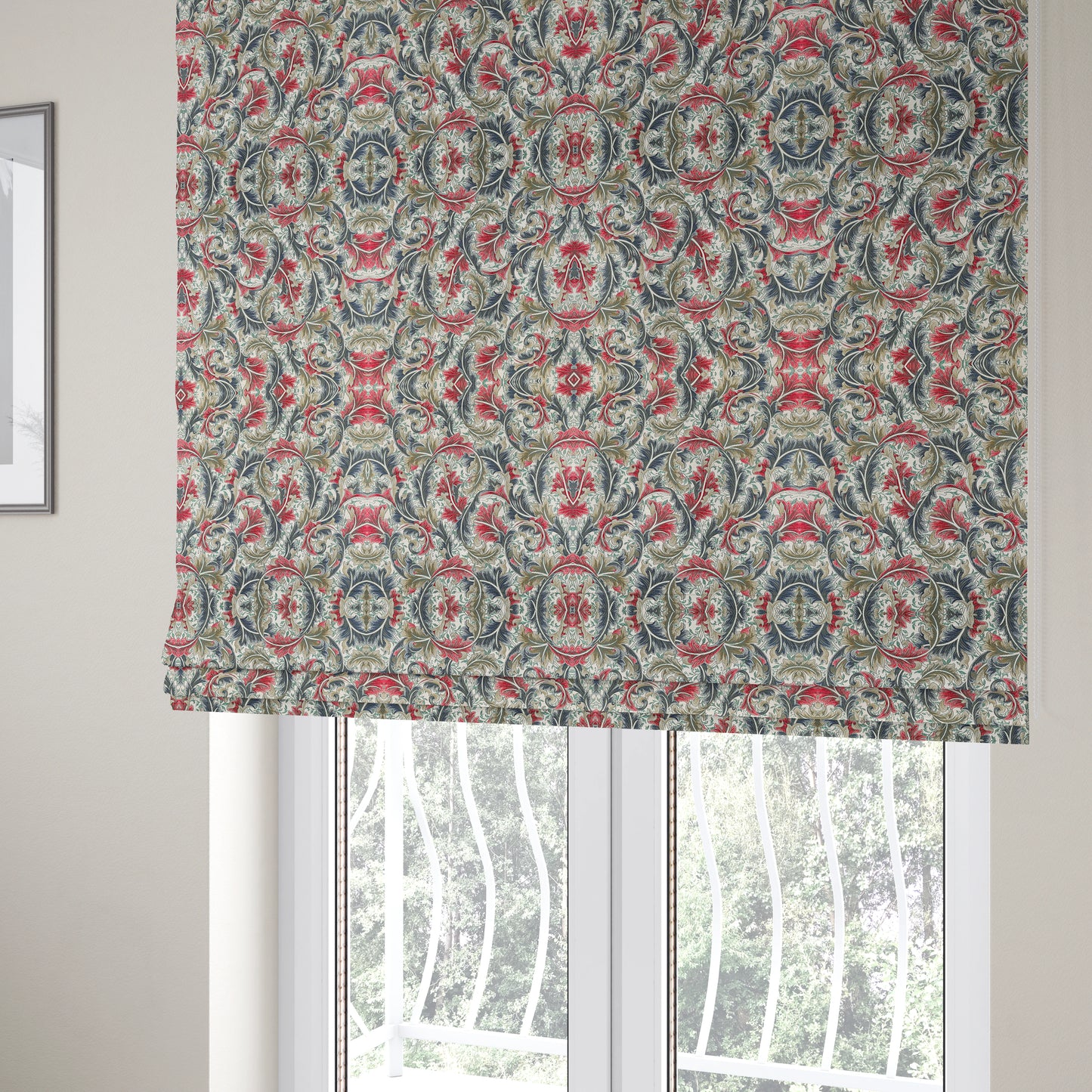 Colarto Collection Red Blue Colour In Floral Pattern Chenille Furnishing Fabric CTR-267 - Roman Blinds