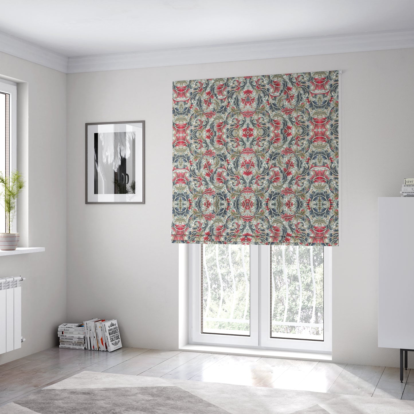 Colarto Collection Red Blue Colour In Floral Pattern Chenille Furnishing Fabric CTR-267 - Roman Blinds