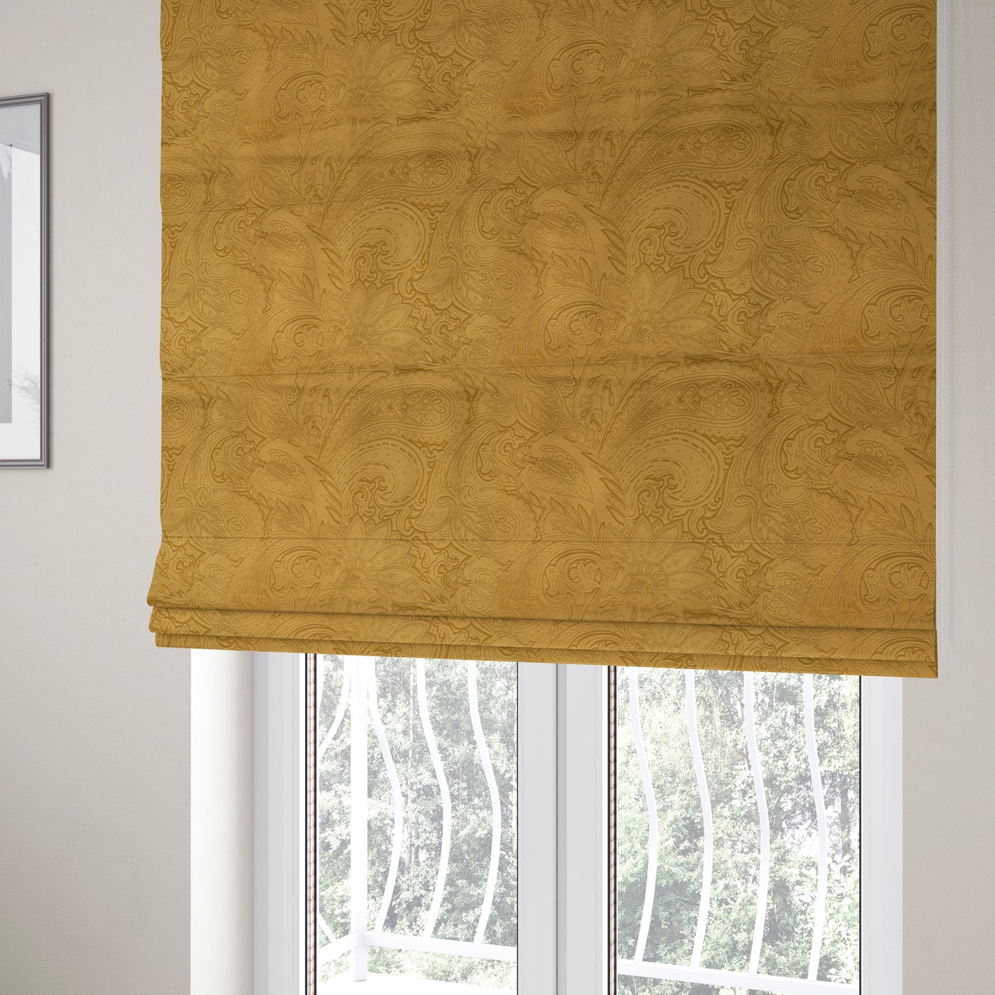 Athena Laser Cut Pattern Soft Velveteen Gold Velvet Upholstery Curtains Fabric CTR-2750 - Roman Blinds