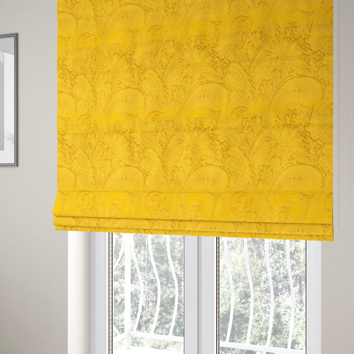 Athena Laser Cut Pattern Soft Velveteen Yellow Velvet Upholstery Curtains Fabric CTR-2760 - Roman Blinds