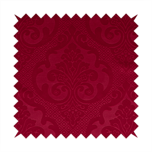 Agra Velveteen Embossed Damask Pattern Upholstery Curtains Fabric In Red Velvet CTR-2764