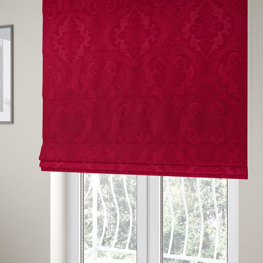 Agra Velveteen Embossed Damask Pattern Upholstery Curtains Fabric In Red Velvet CTR-2764 - Roman Blinds