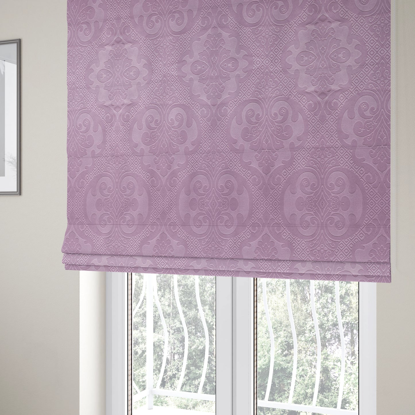 Agra Velveteen Embossed Damask Pattern Upholstery Curtains Fabric In Lilac Velvet CTR-2767 - Roman Blinds