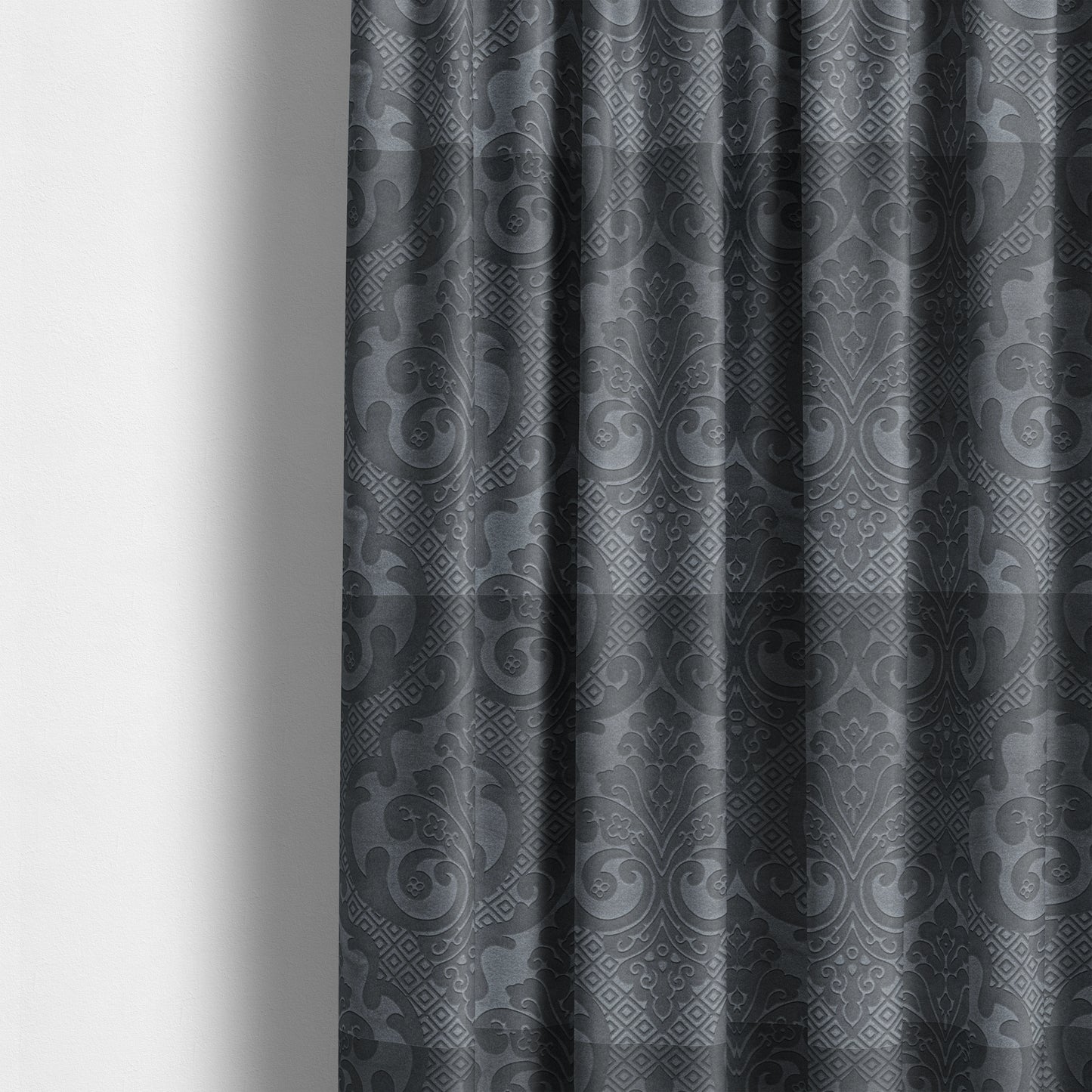 Agra Velveteen Embossed Damask Pattern Upholstery Curtains Fabric In Grey Velvet CTR-2768 - Made To Measure Curtains