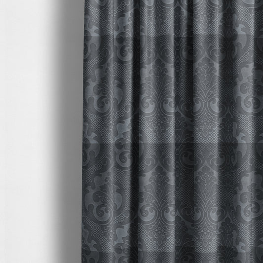 Agra Velveteen Embossed Damask Pattern Upholstery Curtains Fabric In Grey Velvet CTR-2768 - Made To Measure Curtains