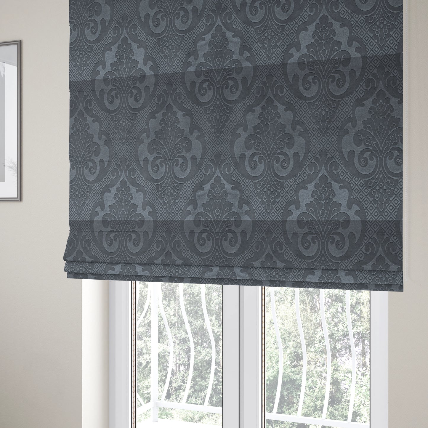 Agra Velveteen Embossed Damask Pattern Upholstery Curtains Fabric In Grey Velvet CTR-2768 - Roman Blinds