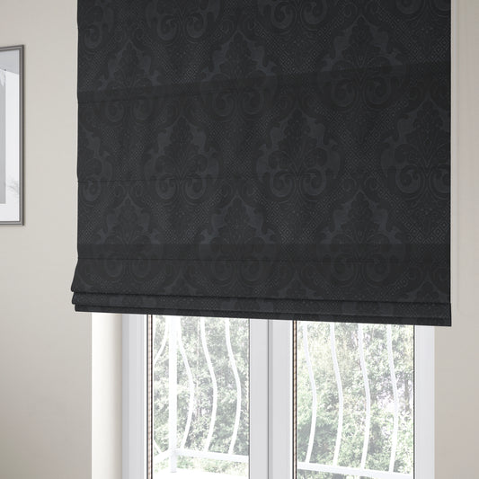 Agra Velveteen Embossed Damask Pattern Upholstery Curtains Fabric In Black Velvet CTR-2769 - Roman Blinds