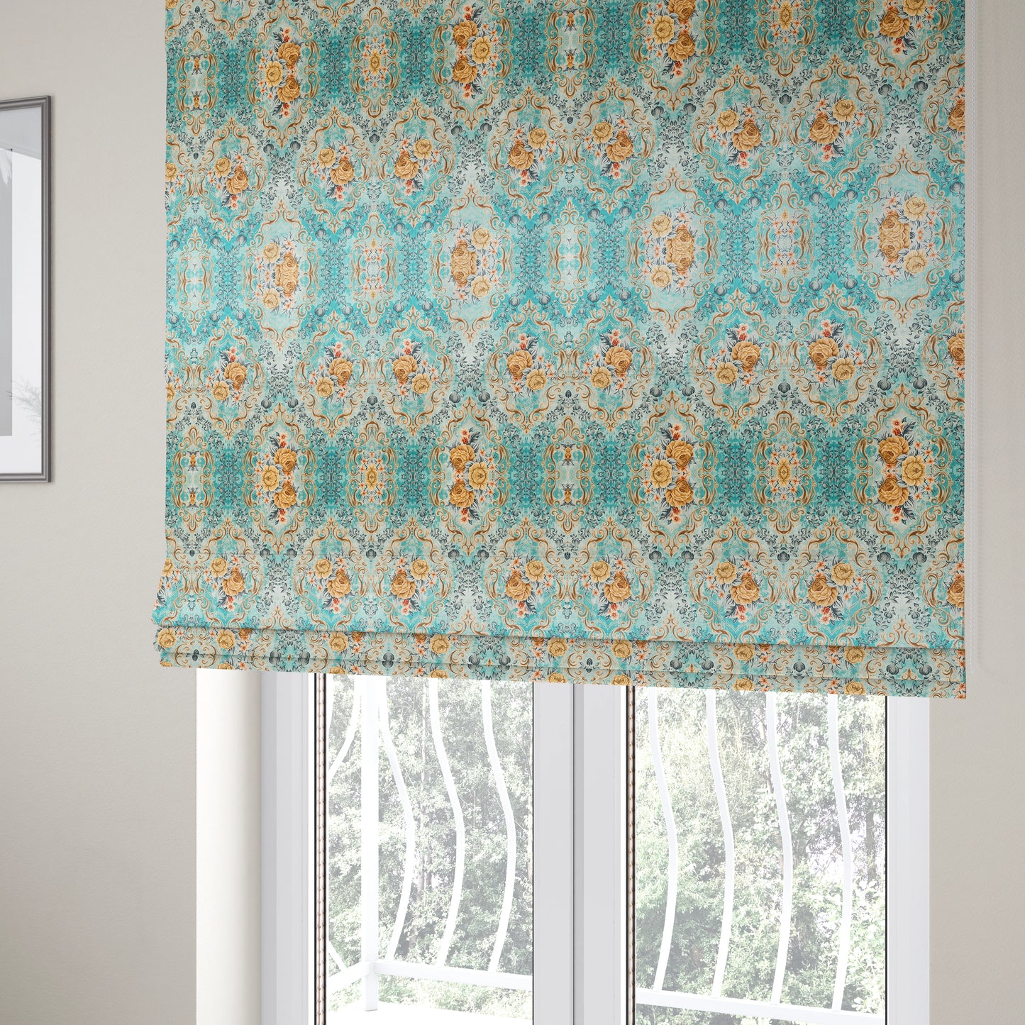 Delight Shiny Floral Printed Pattern Velvet Fabric In Blue Colour Upholstery Fabric CTR-277 - Roman Blinds