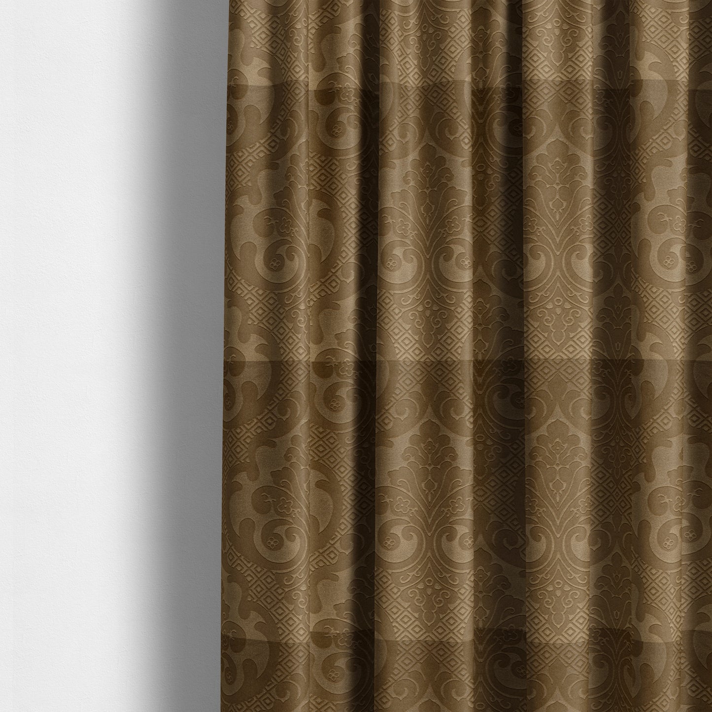 Agra Velveteen Embossed Damask Pattern Upholstery Curtains Fabric In Gold Velvet CTR-2770 - Made To Measure Curtains