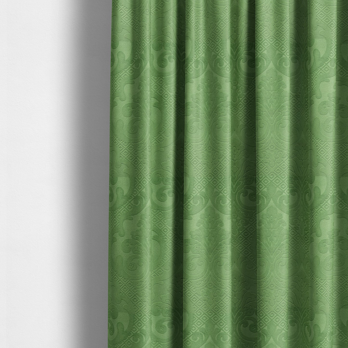 Agra Velveteen Embossed Damask Pattern Upholstery Curtains Fabric In Green Velvet CTR-2771 - Made To Measure Curtains