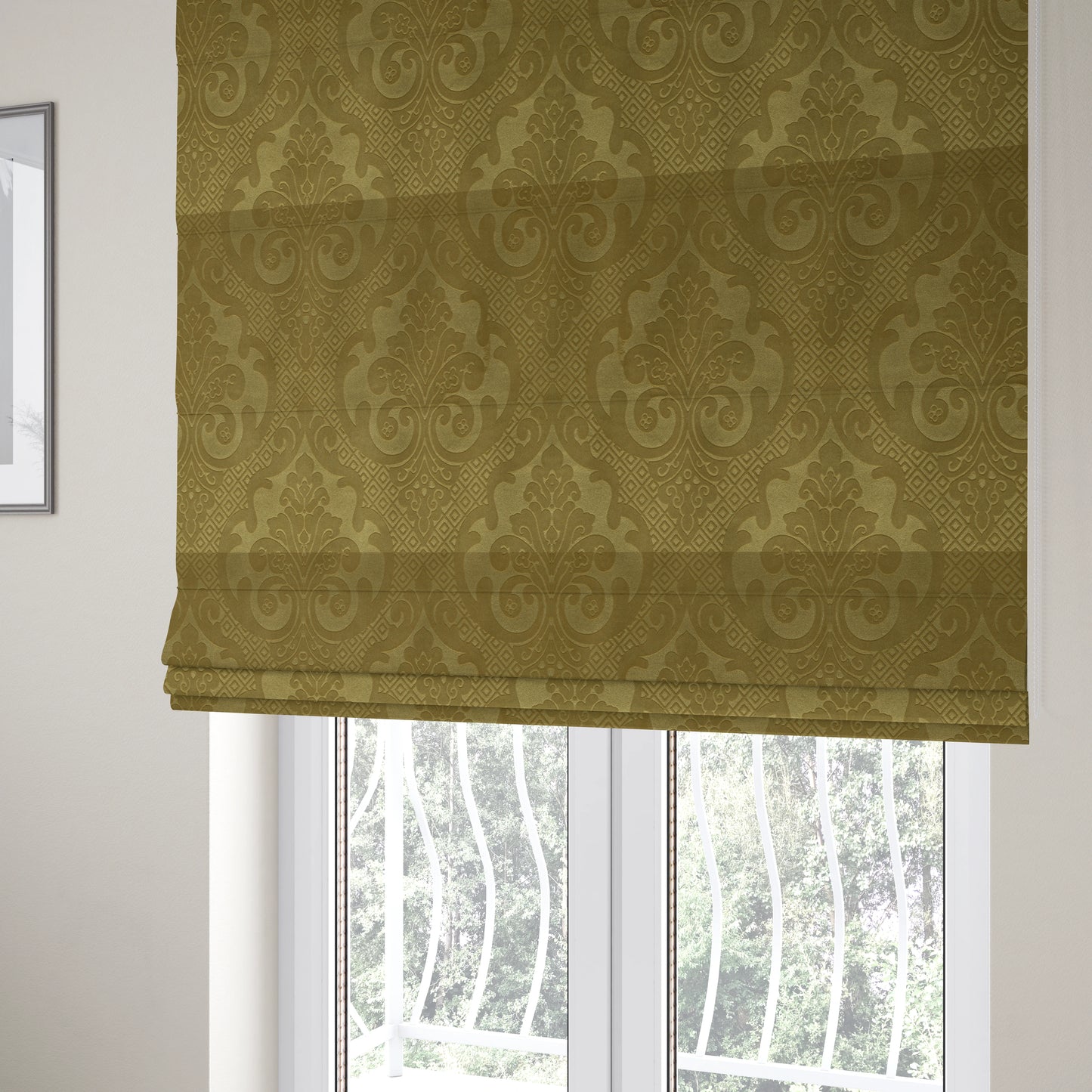 Agra Velveteen Embossed Damask Pattern Upholstery Curtains Fabric In Green Velvet CTR-2773 - Roman Blinds