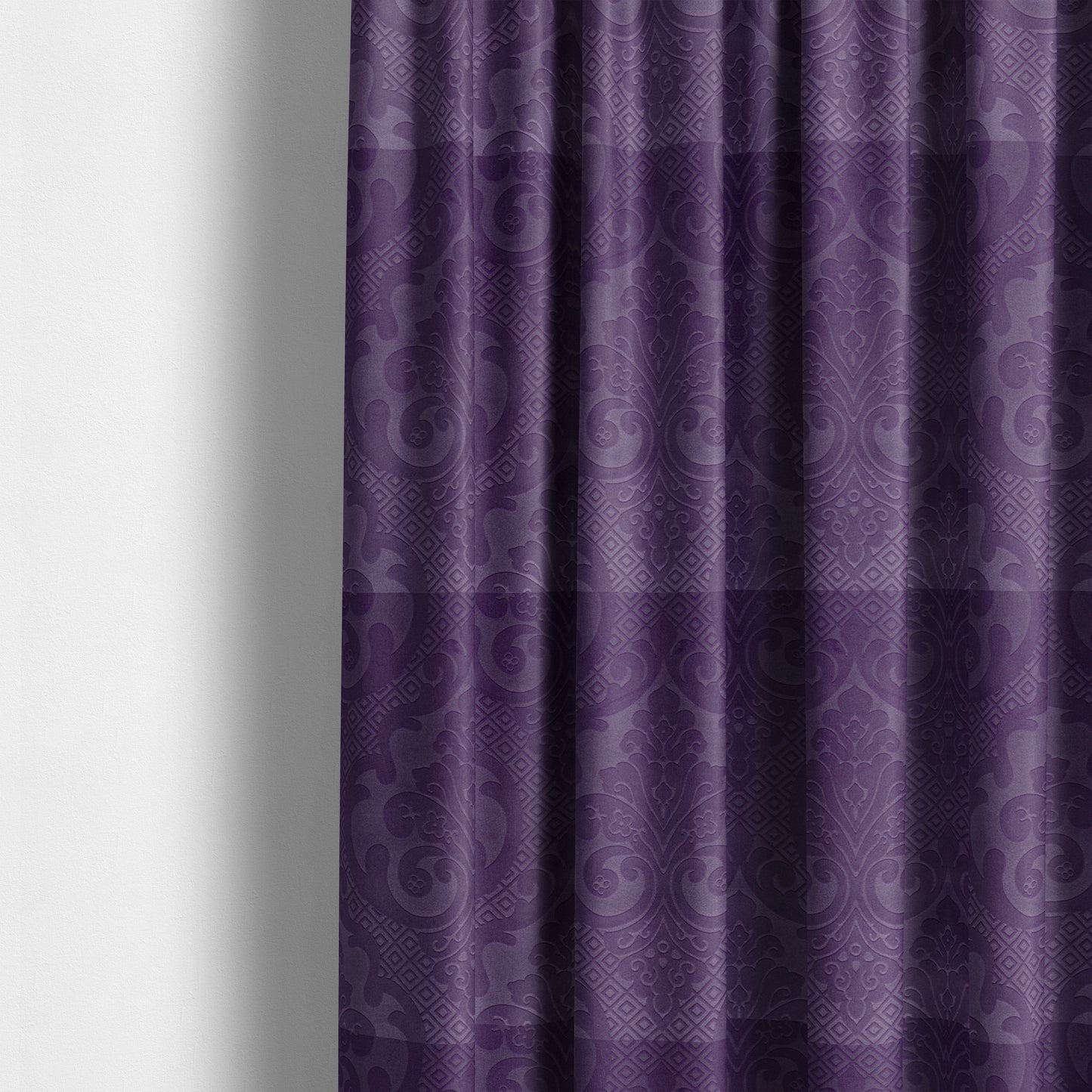 Agra Velveteen Embossed Damask Pattern Upholstery Curtains Fabric In Purple Velvet CTR-2775 - Made To Measure Curtains