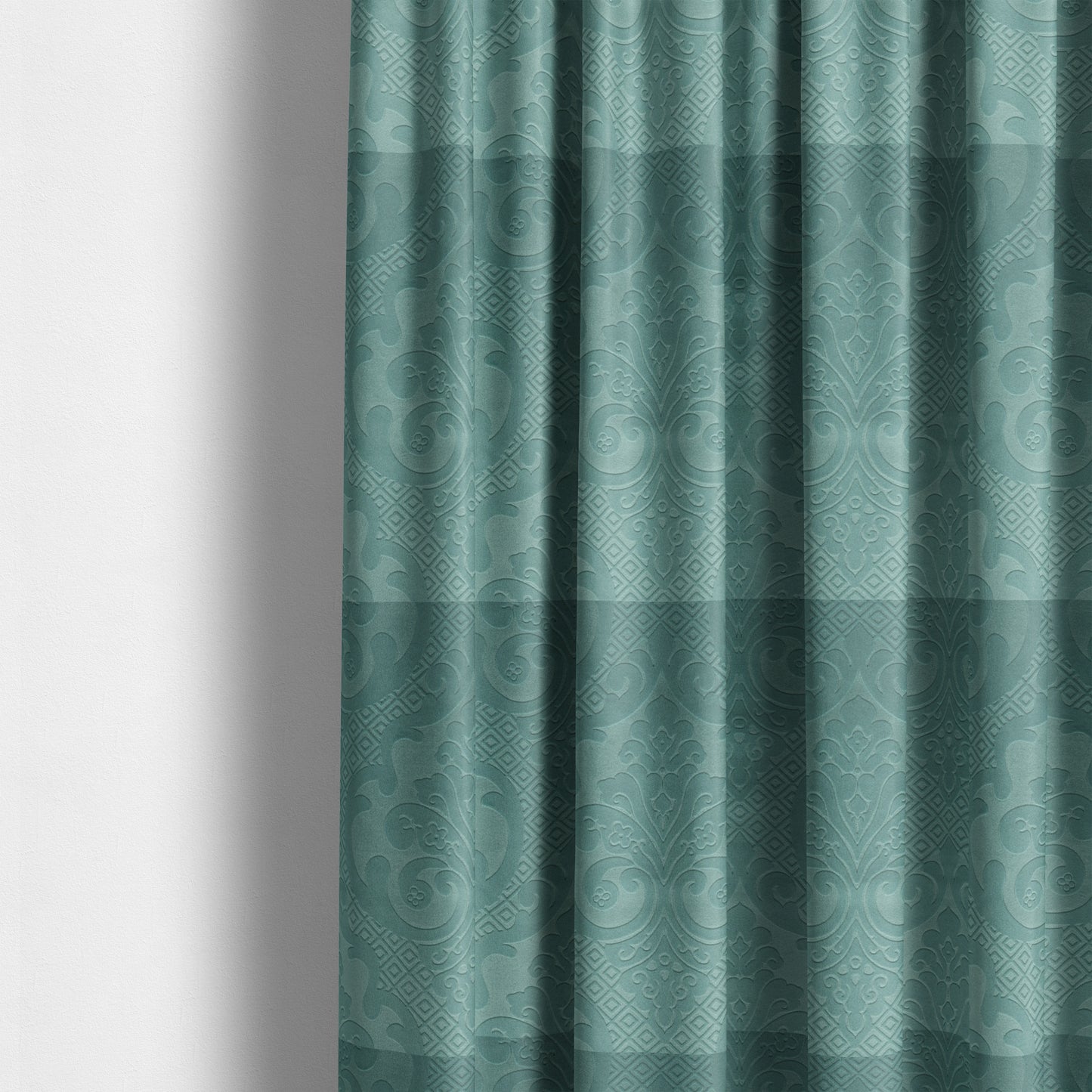 Agra Velveteen Embossed Damask Pattern Upholstery Curtains Fabric In Blue Velvet CTR-2776 - Made To Measure Curtains