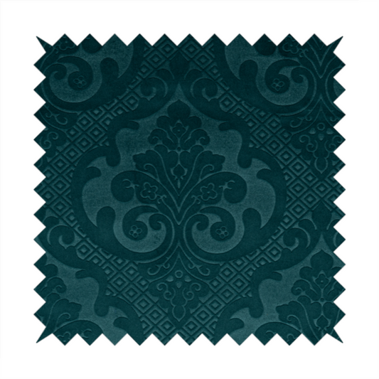 Agra Velveteen Embossed Damask Pattern Upholstery Curtains Fabric In Teal Velvet CTR-2778