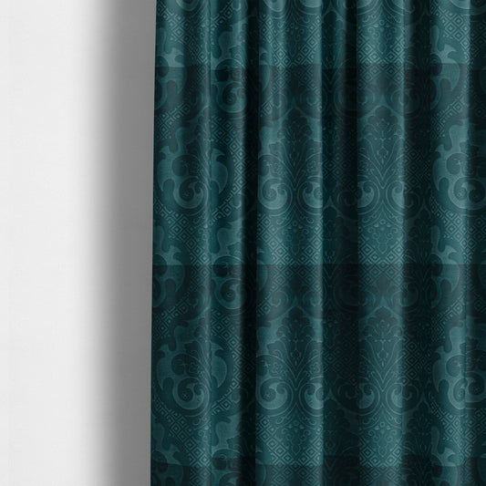 Agra Velveteen Embossed Damask Pattern Upholstery Curtains Fabric In Teal Velvet CTR-2778 - Made To Measure Curtains