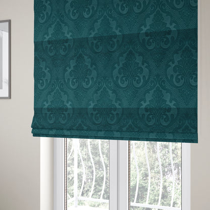 Agra Velveteen Embossed Damask Pattern Upholstery Curtains Fabric In Teal Velvet CTR-2778 - Roman Blinds