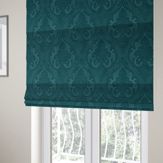 Agra Velveteen Embossed Damask Pattern Upholstery Curtains Fabric In Teal Velvet CTR-2778 - Roman Blinds