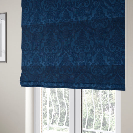 Agra Velveteen Embossed Damask Pattern Upholstery Curtains Fabric In Navy Blue Velvet CTR-2779 - Roman Blinds