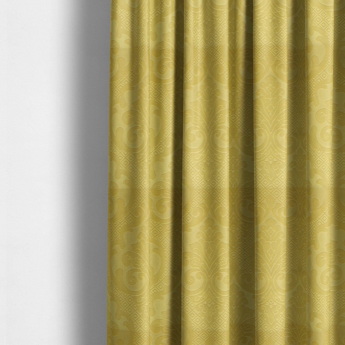 Agra Velveteen Embossed Damask Pattern Upholstery Curtains Fabric In Yellow Velvet CTR-2780 - Made To Measure Curtains