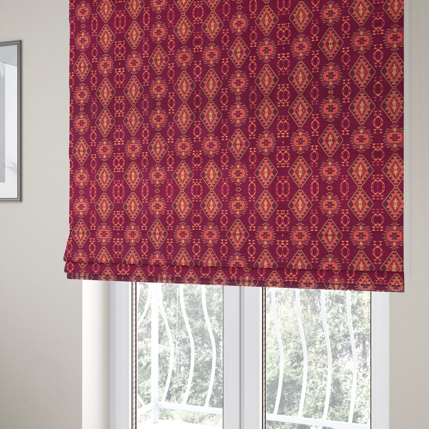 Opera Kilim Aztec Pattern Collection In Soft Chenille Purple Colour Upholstery Fabric CTR-286 - Roman Blinds