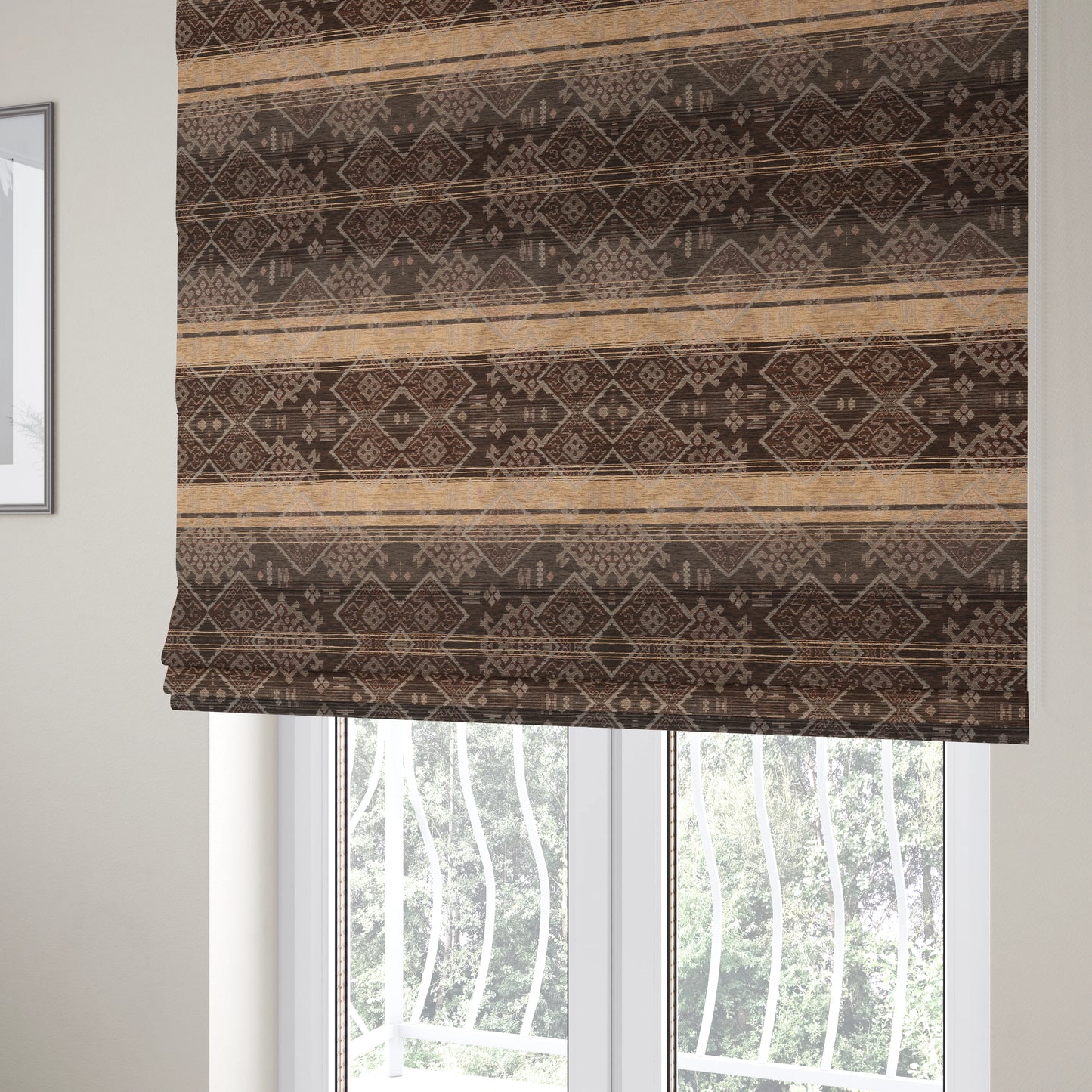 Bengal Kilim Aztec Pattern Collection In Soft Chenille Brown Beige Colour Upholstery Fabric CTR-289 - Roman Blinds