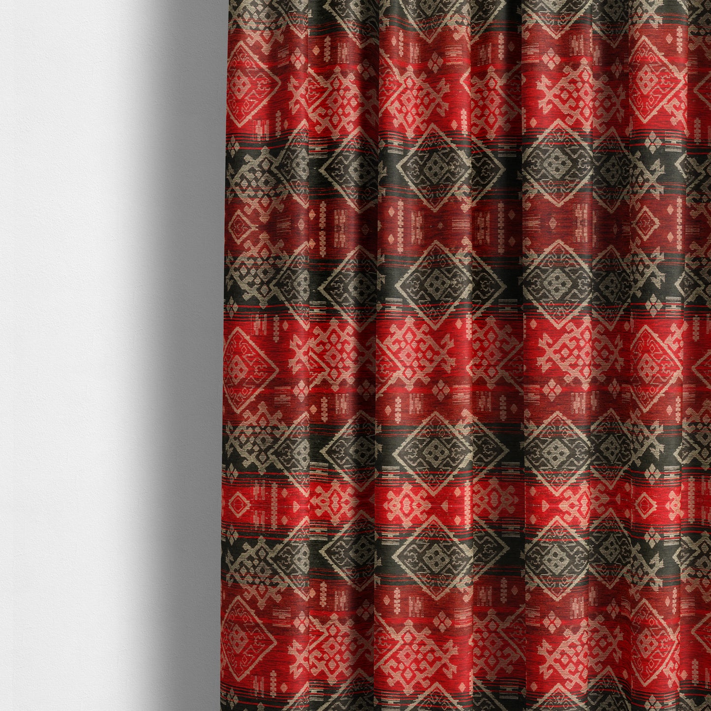 Bengal Kilim Aztec Pattern Collection In Soft Chenille Black Red Colour Upholstery Fabric CTR-290 - Made To Measure Curtains