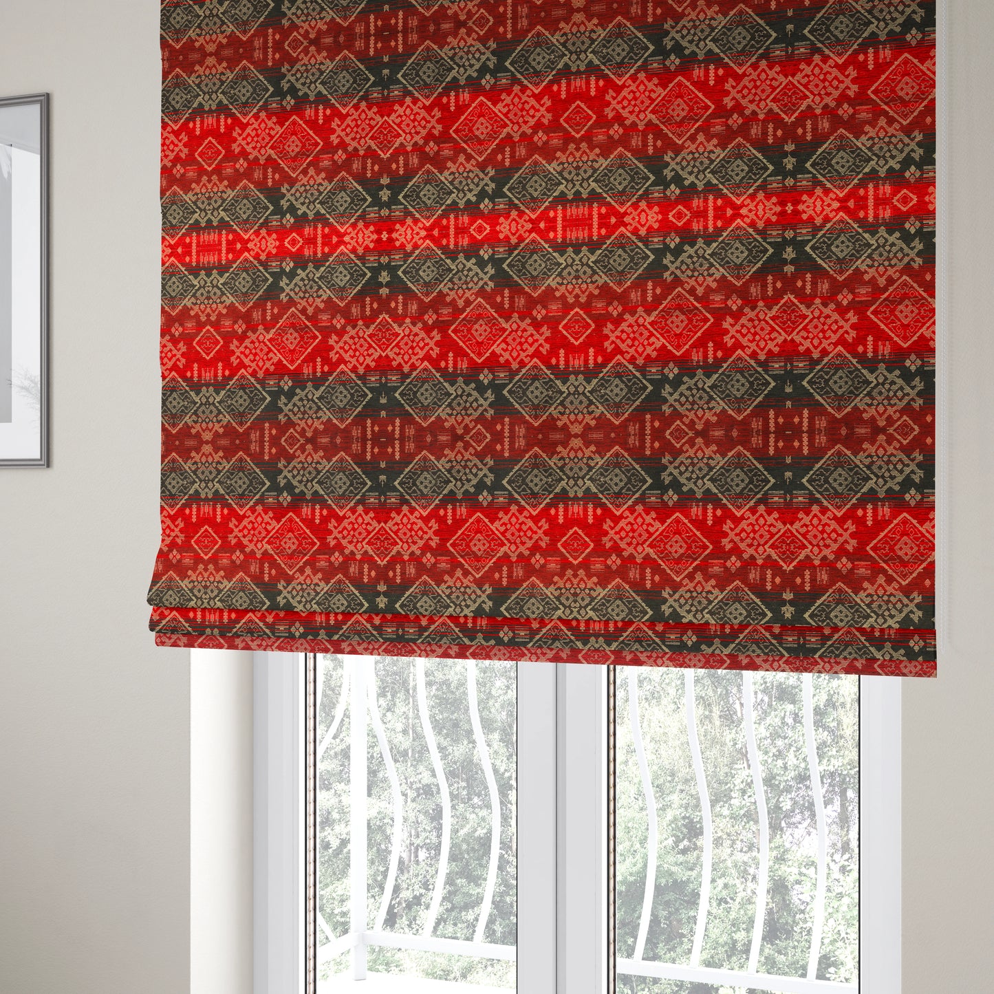 Bengal Kilim Aztec Pattern Collection In Soft Chenille Black Red Colour Upholstery Fabric CTR-290 - Roman Blinds