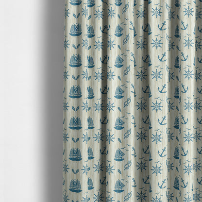 Playtime Printed Velour Fabrics Collection Blue Colour Boat Seaside Pattern Upholstery Fabric CTR-301 - Made To Measure Curtains