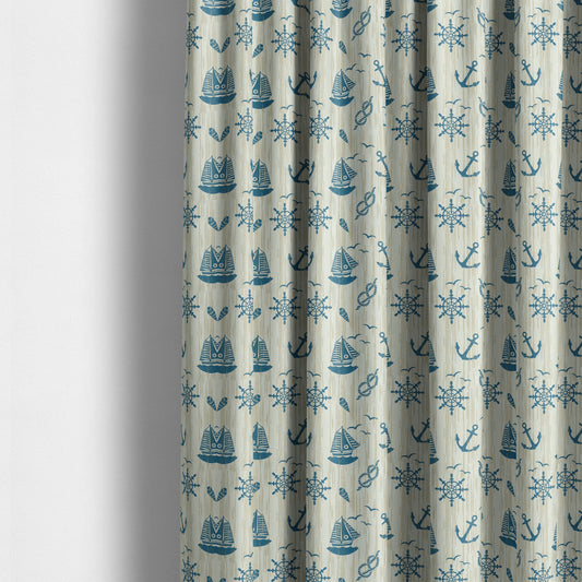 Playtime Printed Velour Fabrics Collection Blue Colour Boat Seaside Pattern Upholstery Fabric CTR-301 - Made To Measure Curtains