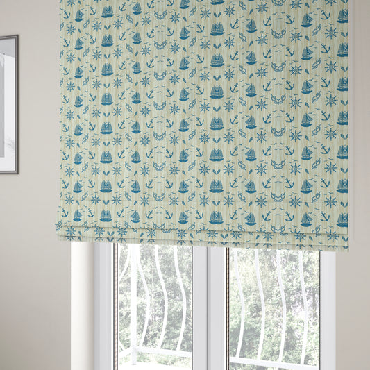 Playtime Printed Velour Fabrics Collection Blue Colour Boat Seaside Pattern Upholstery Fabric CTR-301 - Roman Blinds