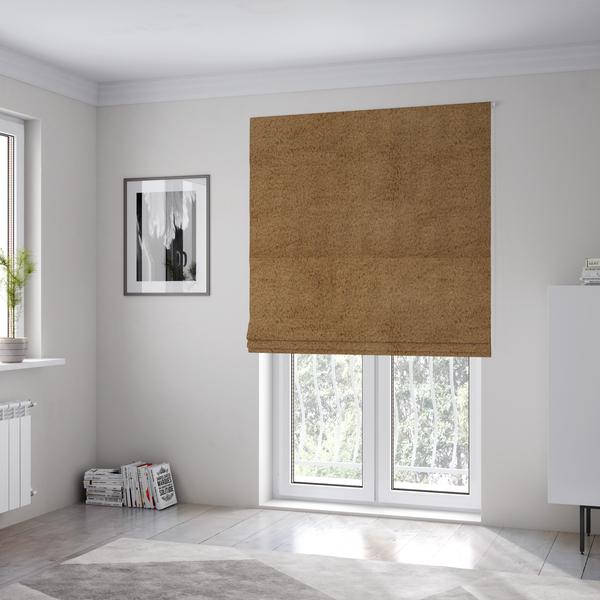 The fabric used to create these Roman blinds is a luxurious faux fur fabric in a rich tobacco or medium brown shade. The material features a dense, velvet-like pile that creates a soft, textured surface with a subtle matte finish. The deep, warm brown colour has a natural-looking depth, with fine fibres that catch the light to reveal a plush, high-density grain.