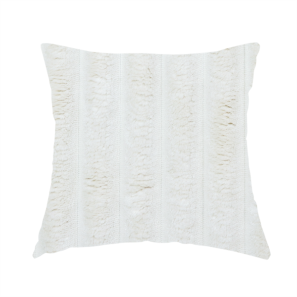 the fabric used to create this handmade cushion is a cream-coloured textile featuring a repeating, vertical ribbed pattern. The fabric alternates between wide, soft, faux-fur-like plush bands and narrow, smooth, flat channels.