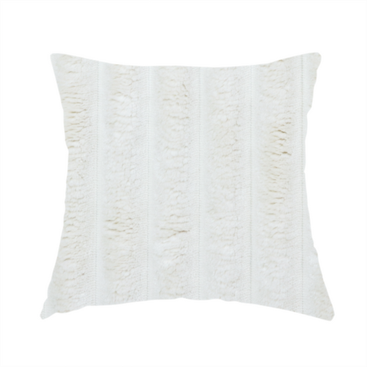 the fabric used to create this handmade cushion is a cream-coloured textile featuring a repeating, vertical ribbed pattern. The fabric alternates between wide, soft, faux-fur-like plush bands and narrow, smooth, flat channels.