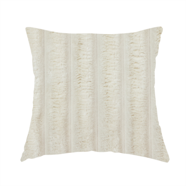 The fabric used to create this handmade cushion is a detailed view of a light beige or cream-coloured textile featuring a repeating, vertical channel-tufted pattern. The material alternates between soft, high-pile plush bands and thin, compressed vertical lines.