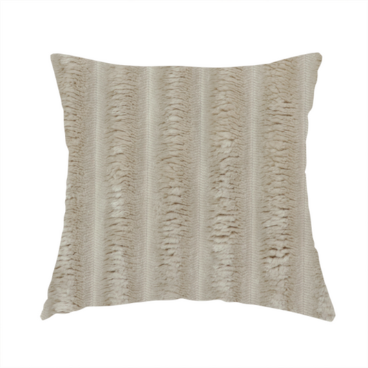 the fabric used to create this handmade cushion is a warm, beige-toned textile featuring a repeating, vertical channel-tufted pattern. The fabric alternates between thick, high-pile plush bands and thin, compressed vertical channels.